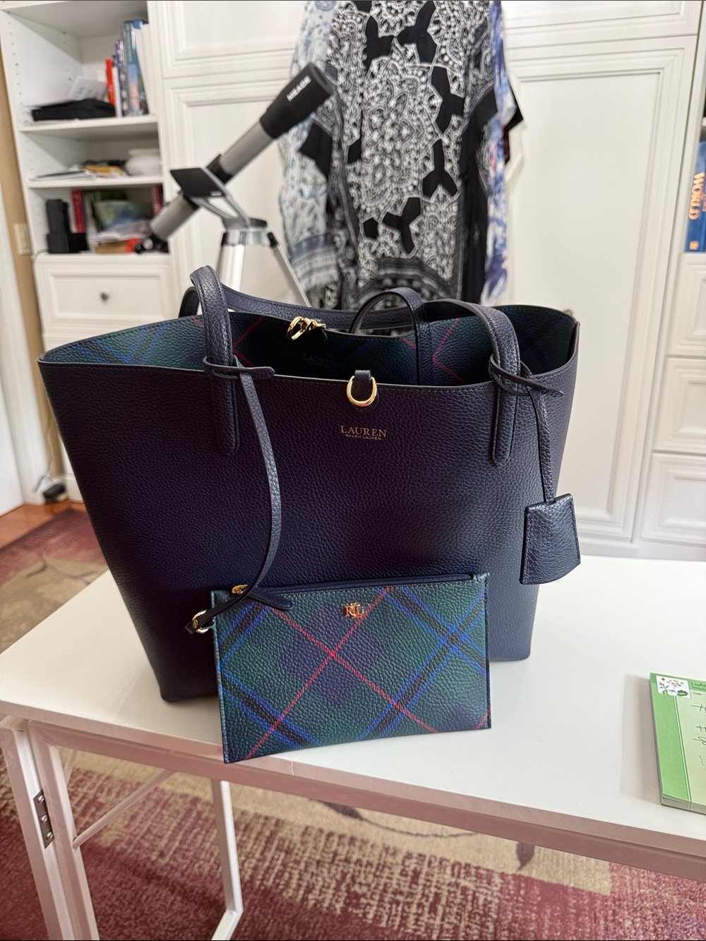 Ralph Lauren reversible plaid tote 16 x 11” attached cosmetic bag NWOT